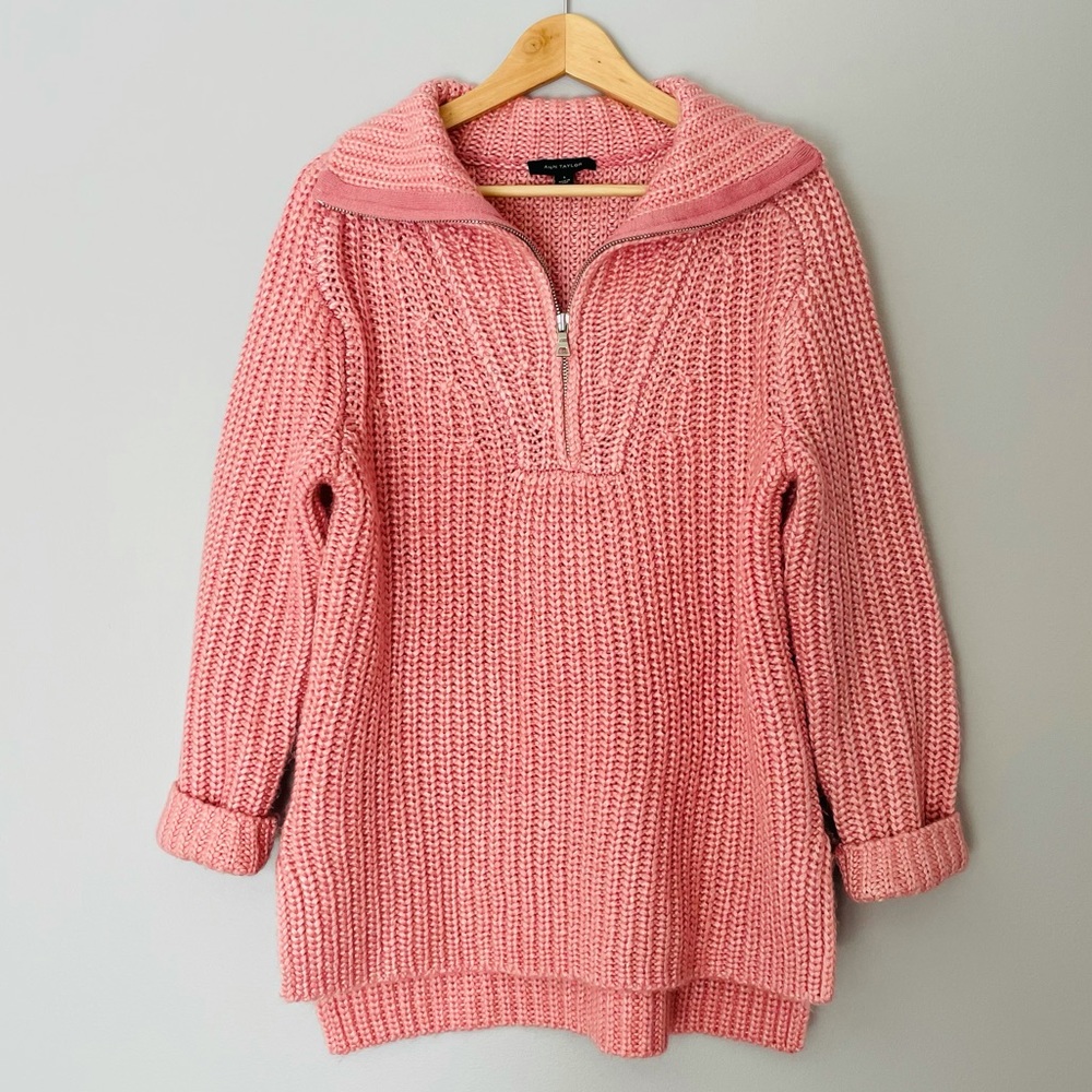 Ann Taylor Pink Chunky Knit Half-Zip Sweater